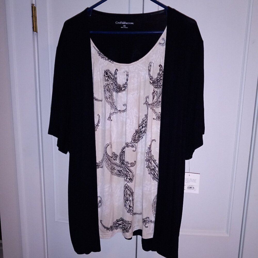 NWT Women's Croft & Barrow 2 in 1 Top S/S 3X Black with Tan Paisley Print Front